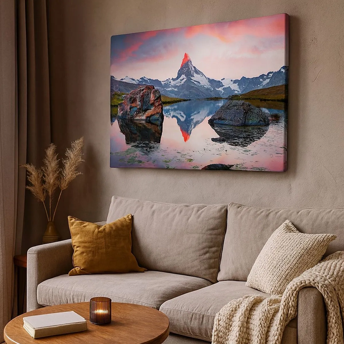 Canvas picture - A mountain peak reflected in a lake at sunset - 70x50cm - Heart of the Mountains Is Hot - Modern wall decoration for the living room and bedroom ARTTOR