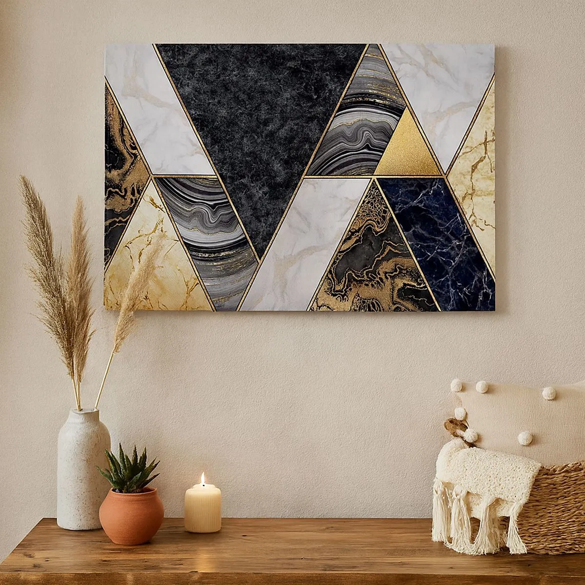 Canvas picture - Geometric triangles in gold, marble, and dark shades - 70x50cm - Stone on Stone - Modern wall decoration for the living room and bedroom ARTTOR