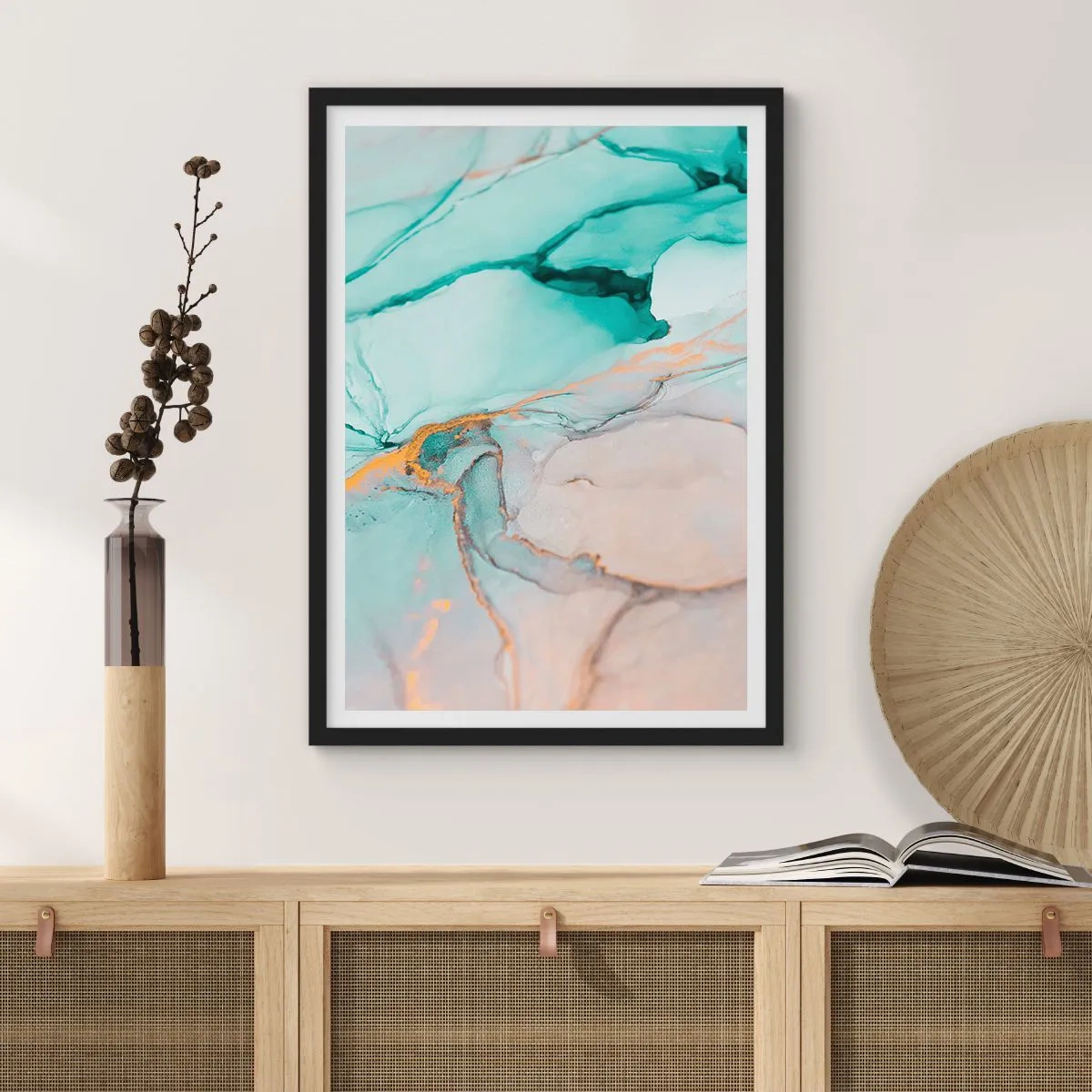 Poster in black frame - An abstract composition in shades of turquoise and gold. - 50x70cm - Dance of Shapes and Colours - Modern wall decoration for the living room and bedroom ARTTOR