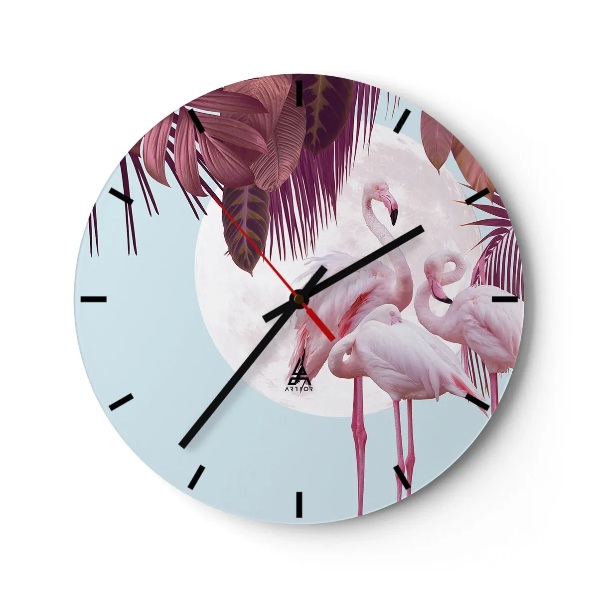 Wall clock - Clock on glass - Flamingos against the backdrop of the moon and tropical leaves - 30x30cm - Three Bird Graces - Modern wall decoration for the living room, kitchen, and bedroom ARTTOR