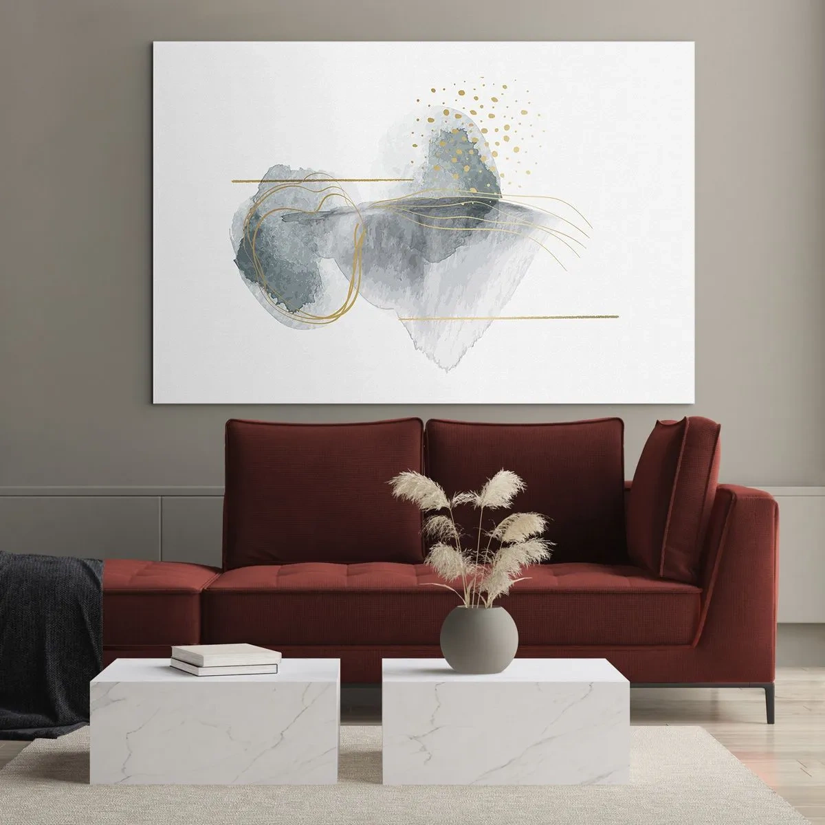 Glass picture - An abstract composition of gray with gold accents - 70x50cm - On the Relationships of Grey and Gold - Modern wall decoration for the living room and bedroom ARTTOR