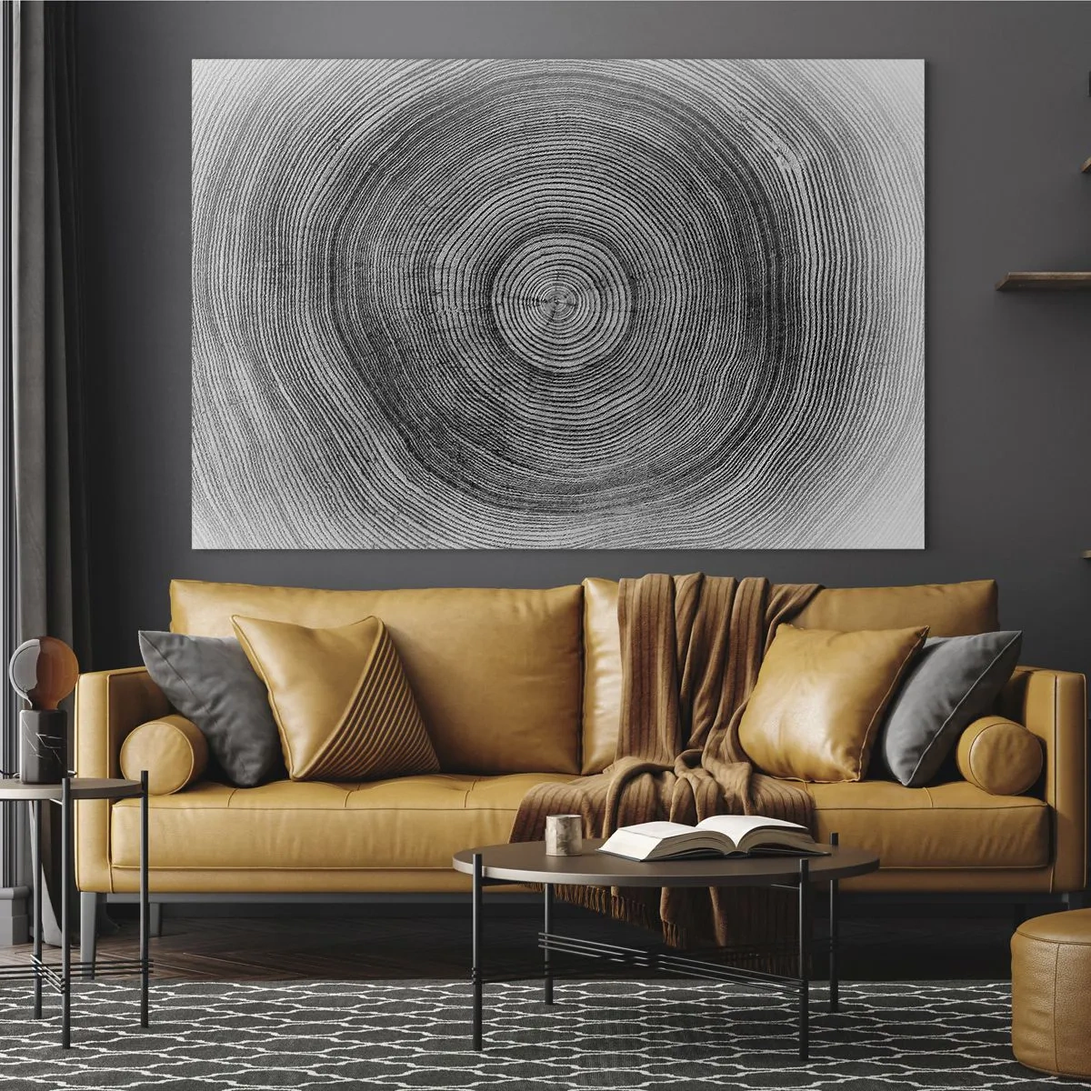 Glass picture - Concentric lines of tree rings presented in a black and white aesthetic - 70x50cm - Sign of the Time - Modern wall decoration for the living room and bedroom ARTTOR