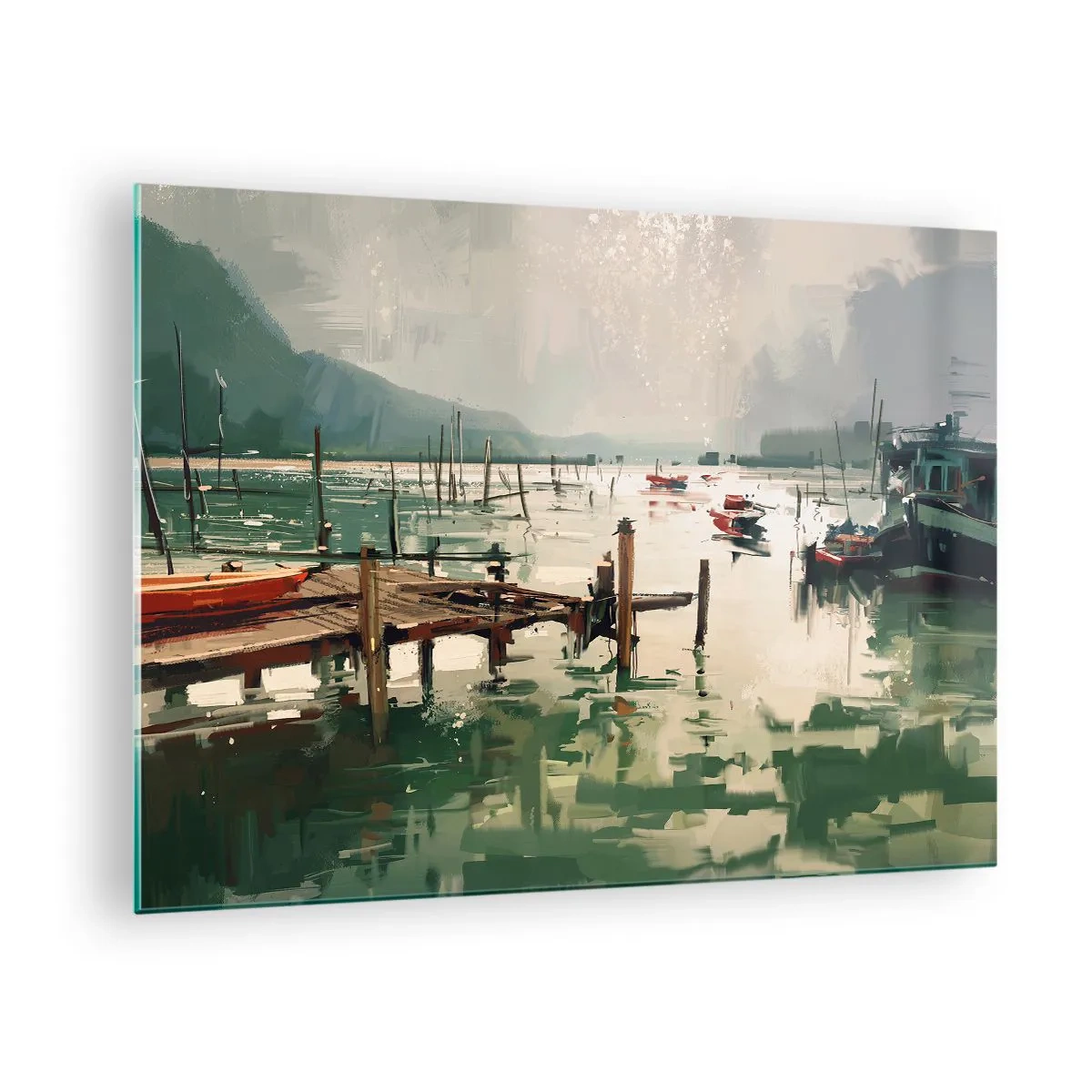Glass picture - A wooden jetty and boats on calm water surrounded by mountains - 70x50cm - Coated in Melted Moon - Modern wall decoration for the living room and bedroom ARTTOR