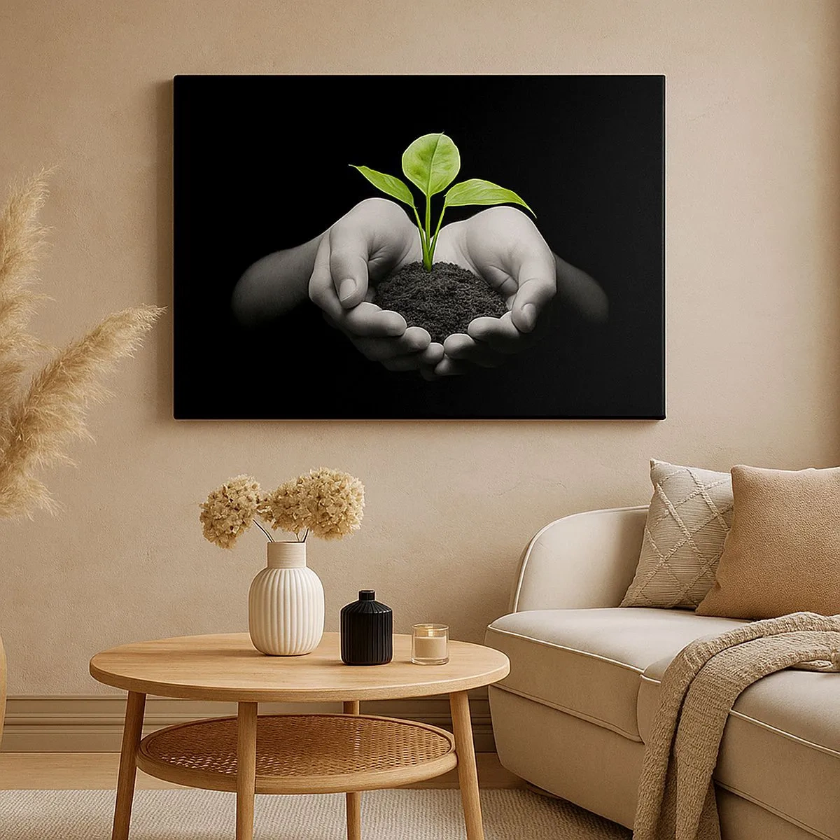 Canvas picture - Hands holding a green plant on a black background - 70x50cm - I Love Nature, I Protect It - Modern wall decoration for the living room and bedroom ARTTOR