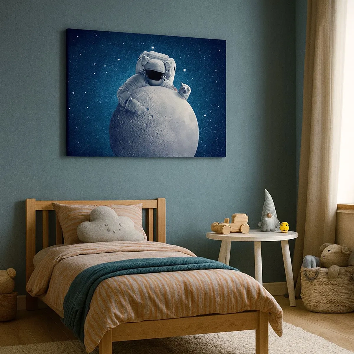 Canvas picture - Astronaut holding the moon against a starry sky - 70x50cm - Space Joker - Modern wall decoration for the living room and bedroom ARTTOR