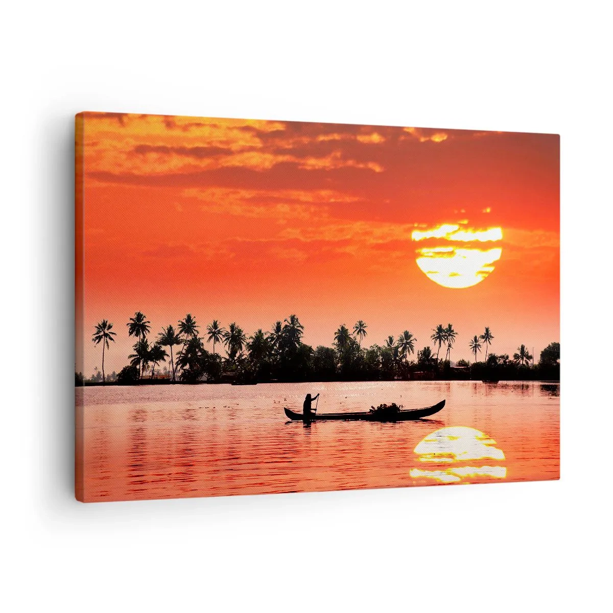 Canvas picture - Tropical sunset with a boat and palm trees in the background - 70x50cm - Peace of the Tropics at Sunset - Modern wall decoration for the living room and bedroom ARTTOR