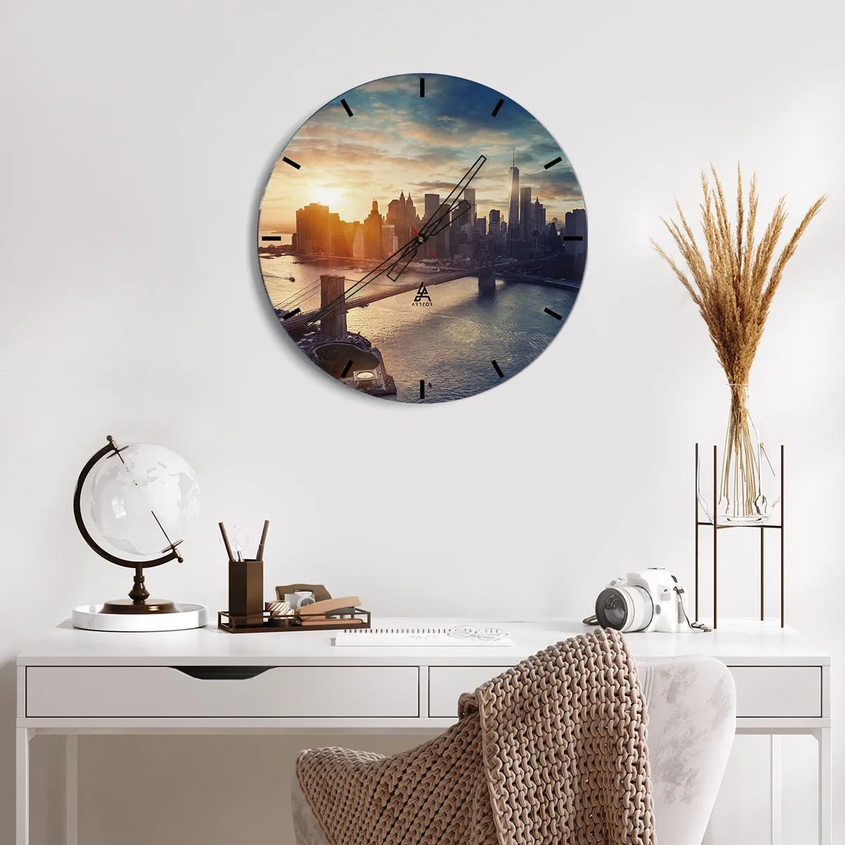 Wall clock - Clock on glass - Panorama of the city at sunset with a bridge and river in the background - 30x30cm - Monument to the Culture of the West - Modern wall decoration for the living room, kitchen, and bedroom ARTTOR