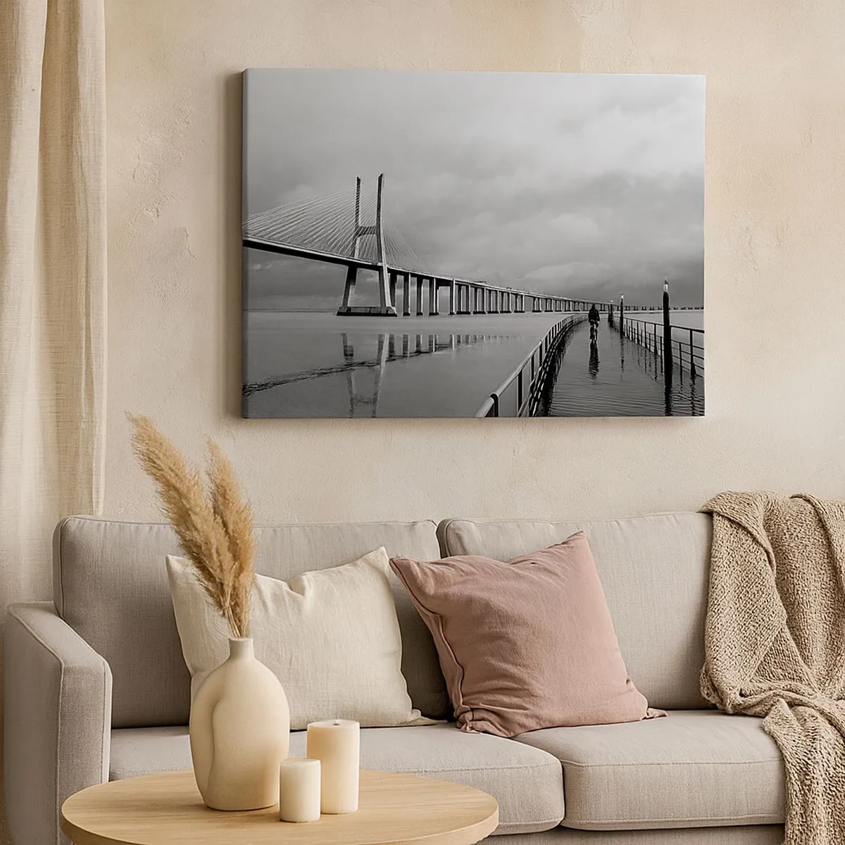 Canvas picture - A suspension bridge over the water in black and white - 70x50cm - To Each His Own - Modern wall decoration for the living room and bedroom ARTTOR